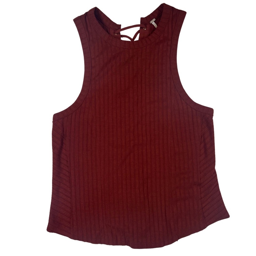 Free People Womens Burgundy Ribbed Lace Up Back‎ Tank Top Large Sleeveless Knit